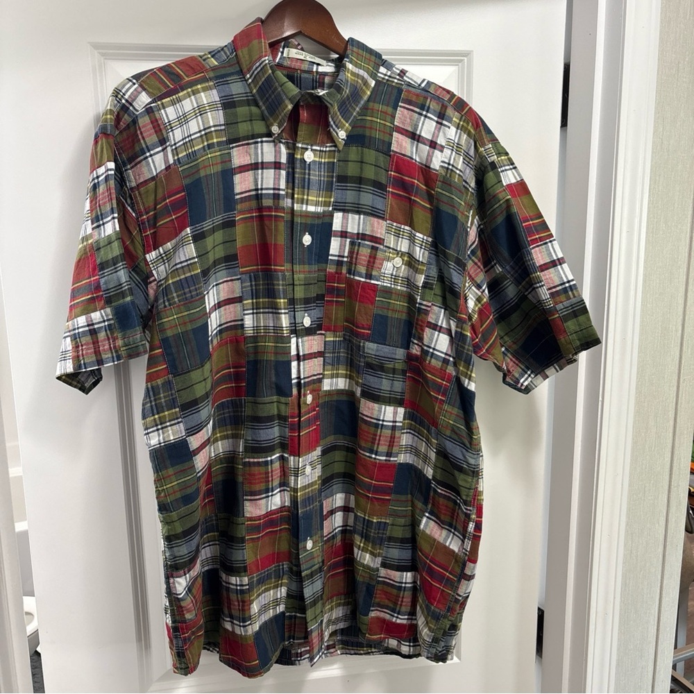 Orvis Men's XL green/red patchwork Plaid short sleeve, button up Shirt